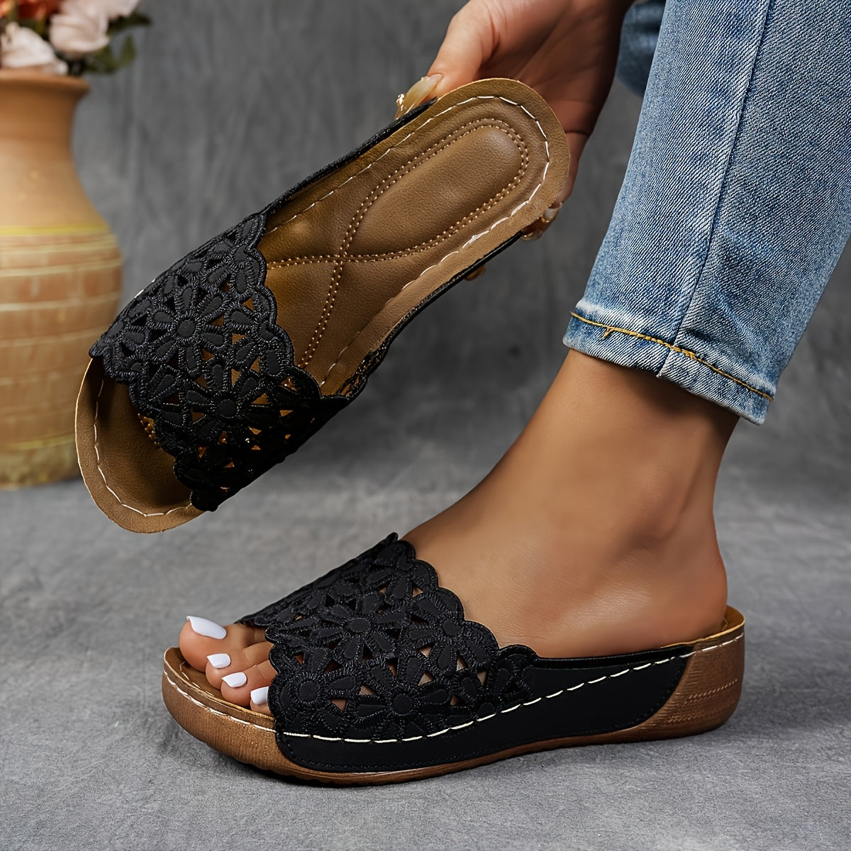 [Floral Wedge Sandals] Women's Floral Wedge Sandals - Comfortable Slip-on Open-toe Summer Shoes with Arch Support, Casual Design, Suitable for Casual | Look| Comfortable And Stylish, Convenient for Going Out, Perfect Gift Choice, Women Shoes