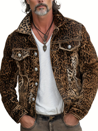 Men'S Slim-Fit Heavy-Duty Denim Jacket with Leopard Print Collar & - Oversized Workwear Coat, Golden-Tone Buttons, Belt Loops & Pocket Details - Casual to Formal Outerwear (Machine Washable) - Mature Men'S Fashion