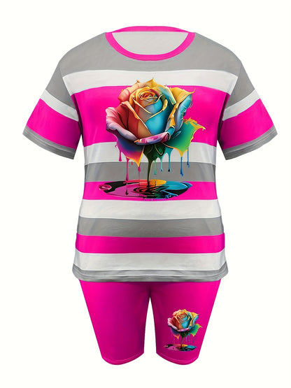 Women'S Casual Striped Short-sleeve Shorts Set, Featuring A Mix Of Floral And Striped Prints, With Pockets On The Shorts.