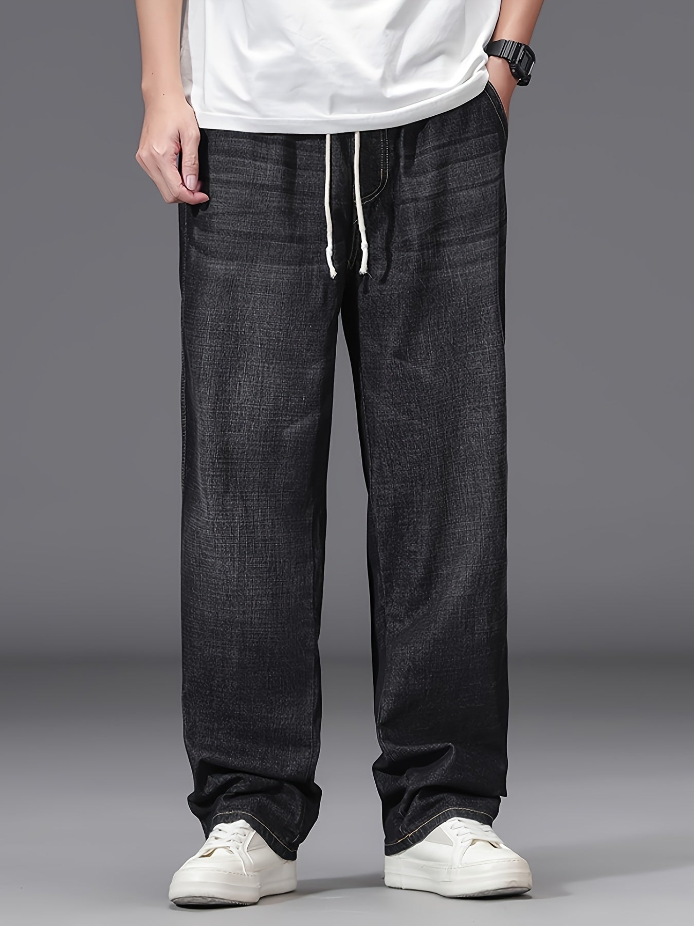 Large Size Jeans Men's Straight Leg Loose Fit Elastic Pants with Added And Extra Pants Elastic Waist Men's Simple And Versatile Denim Pants Men's Jeans Four Season Style, PLUS SIZE