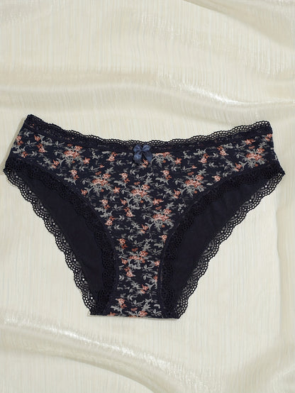 5-Pack Women'S Triangle Panties with Floral Print, Nude Comfortable Soft Stretchy Large Size Underwear with Bow Decoration, Simple Elegant Breathable Briefs - 2025 New Arrival