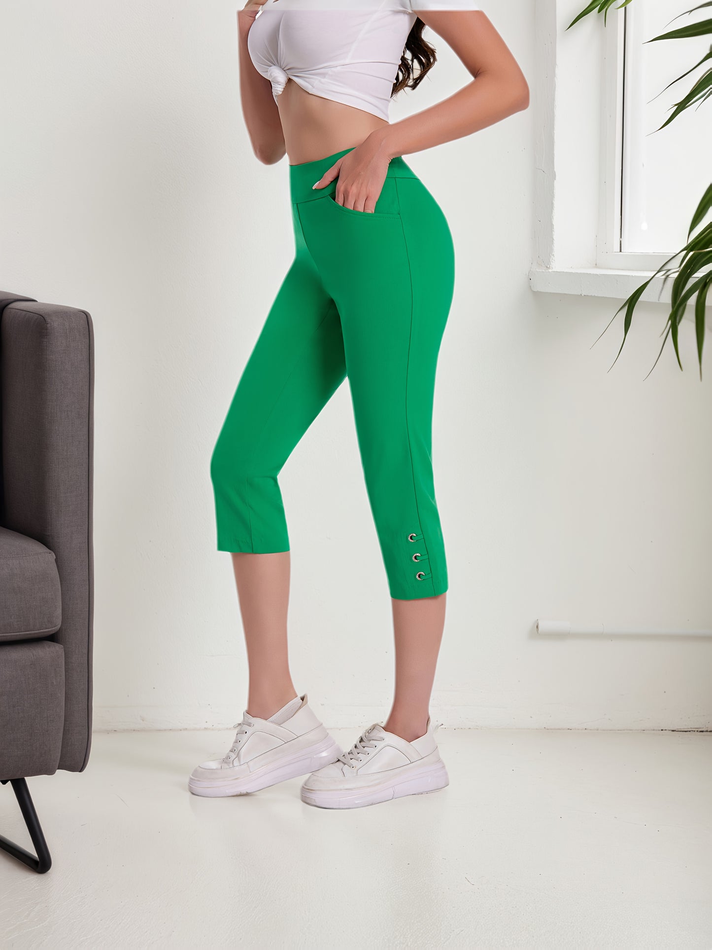 Women's Pull On Straight Leg Capri Pants Stretch Comfort Fit with Eyelet Detail And Two Pockets