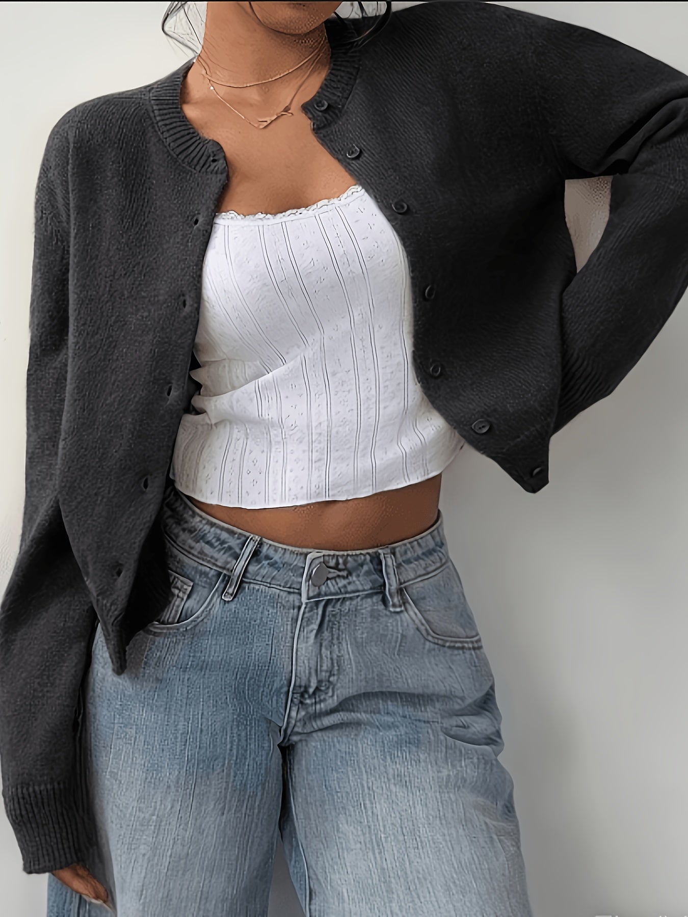 New Spring And Summer Fashionable Elegant Women's Stretch Button Cardigan - High-Elasticity Crew Neck Spring/Autumn Sweater, Hand Wash/Dry Clean Spring And Summer Apparel, Lightweight And Breathable Daily Commute, Sports And Leisure Top, Qqq