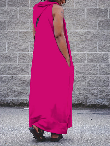 Plus Size, Elegant Side Slits, Hooded Design, Side Pockets, Plus Size Vest with Hooded Long Skirt, Solid Color Basic Simple Vest Long Skirt, Comfortable And Stretchy