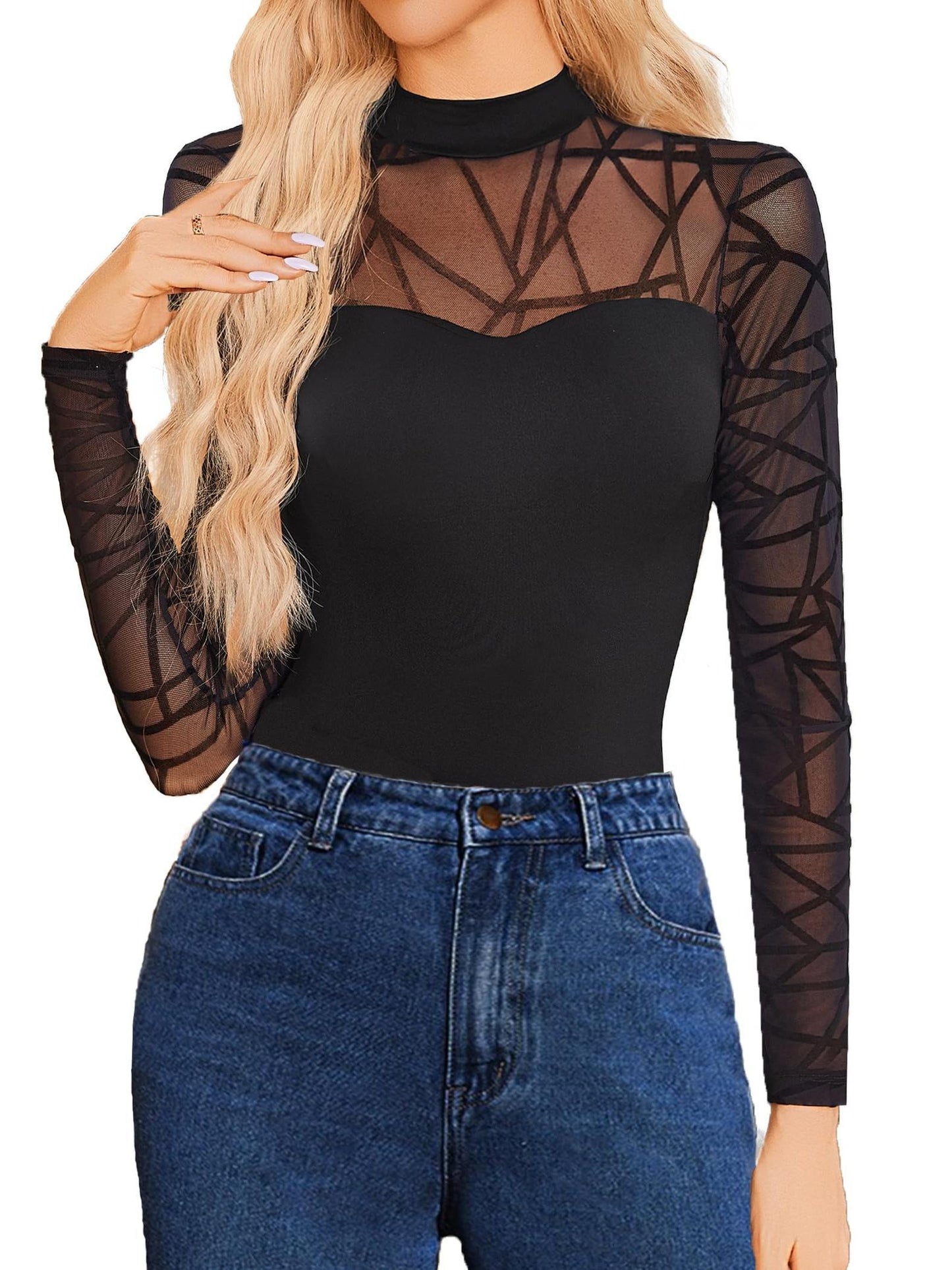 Sexy Mock Turtle Neck Sheer Mesh Long Sleeve Bodysuit Shirts Ruched Body Suit Leotard Tops