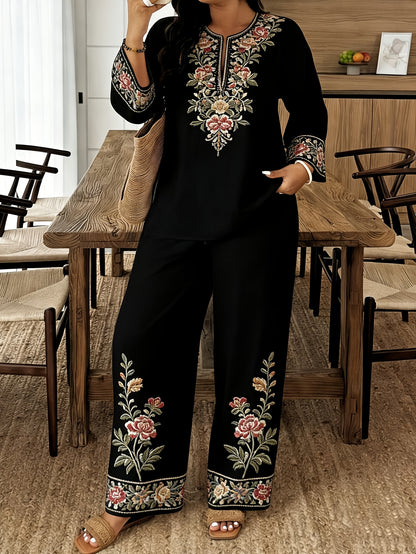 Women's Standard Size Long-sleeve and Long-pants 2pcs Set, Spring/summer New V-neck Buttoned Three-quarter Sleeve Shirt with Printed Elastic Waistband Long Pants, 2pcs Set, Digital Print, Machine Washable, Fabric