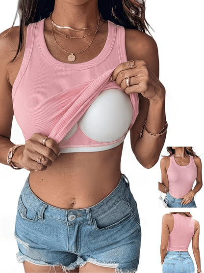A Casual Ribbed Top for Women, Featuring a Chest Pad, Perfect for Daily Travel And Versatile Styling