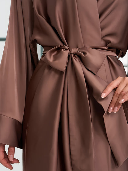 Women's Elegant Semi-Sheer -Neck Satin Robe with Tie - Ice Fiber Suitable for Home, Spa, Morning Robe, - Versatile Bathrobe, Hand Washable Female Outerwear