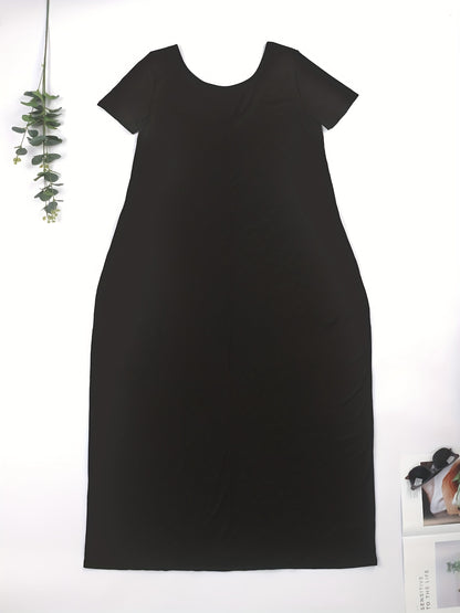 Promotion for Women's V-neck Dress, Short Sleeved Casual Loose Floor Length Skirt, Solid Color Bohemian Summer Sunshine Dress, Casual And Elegant Party Dress