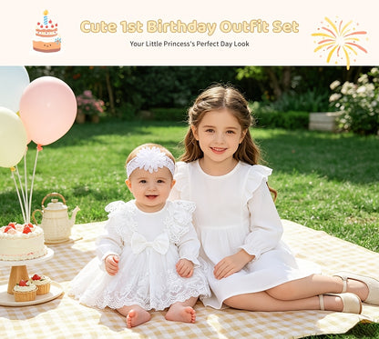 2pcs Baby Girl'S Lace Dress Set, Crew Neck, Long Sleeve, Solid Color, Non-Stretch Fabric, with Contrast Lace Detail, with Matching Floral Headband, for Spring/Fall, Elegant Princess Style Ha Yi Skirt Outfit for Children