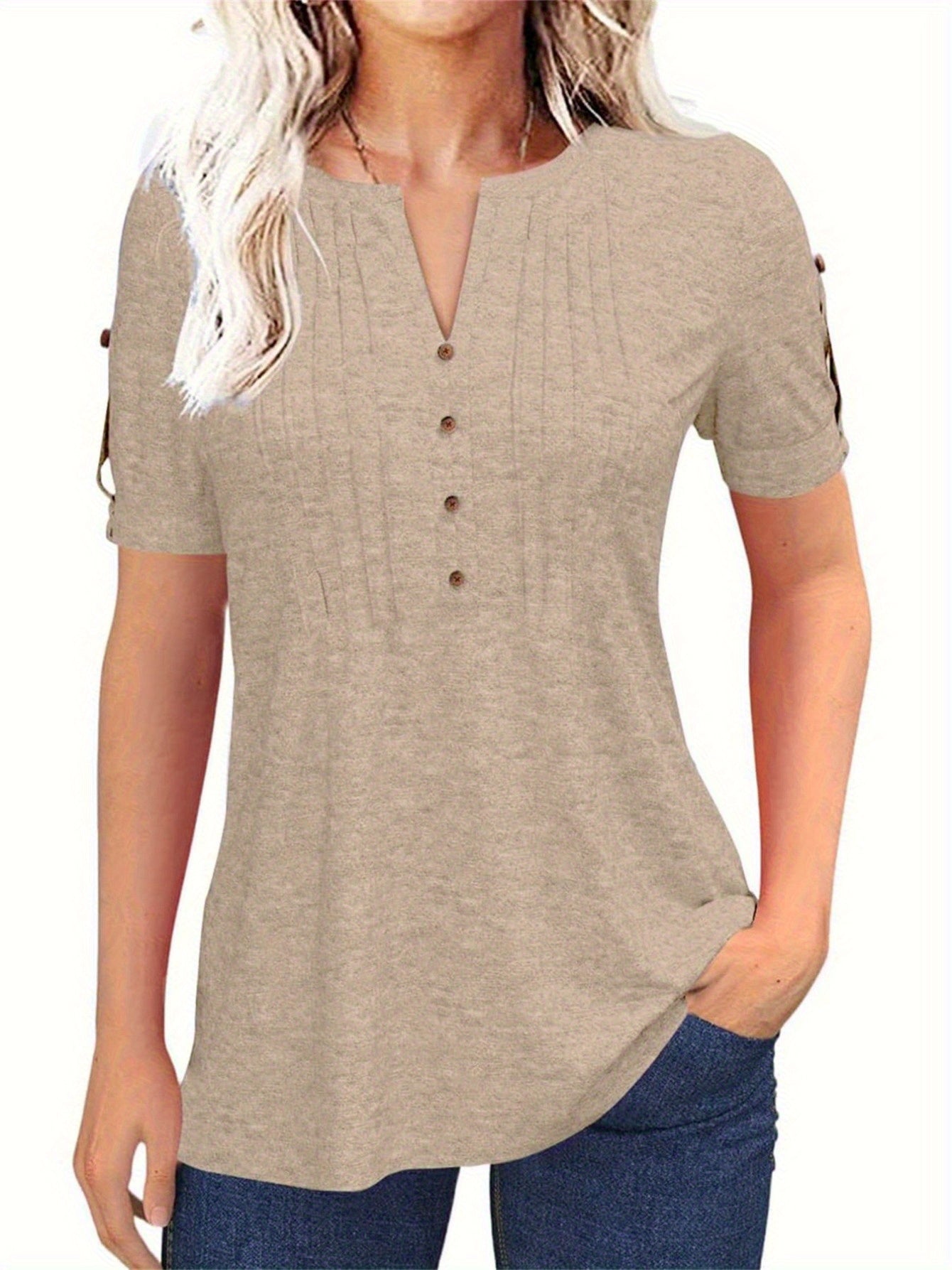 Casual Short-Sleeve Blouse for Women with a Solid Color, Featuring a Pleated Design, Buttoned V-Neck, And a Zipper