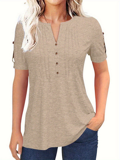 Casual Short-Sleeve Blouse for Women with a Solid Color, Featuring a Pleated Design, Buttoned V-Neck, And a Zipper