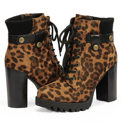 Women Short Boots Fall Winter Boots Women's Lace up Combat Ankle Boots High Chunky Heel Fashion Heeled Booties Shoes Black Boots