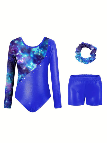Girls' 3pcs Gymnastics Leotard Set with Stars Pattern, Long Sleeve Bodysuit & Matching Shorts - Includes Hairband, Stretchy & Breathable Fabric for Dance Training, Perfect for Outdoor, All Seasons, Gift for Back-to-School Season, Beach Essentials