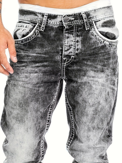 Men's Slim-Fit Straight-Leg Distressed American Snowflake Jeans - Vintage Wash Blue Denim Pants with Snowflake Pattern, Streetwear Style All-Season Casual Wear, Durable Fabric & Hand Washable