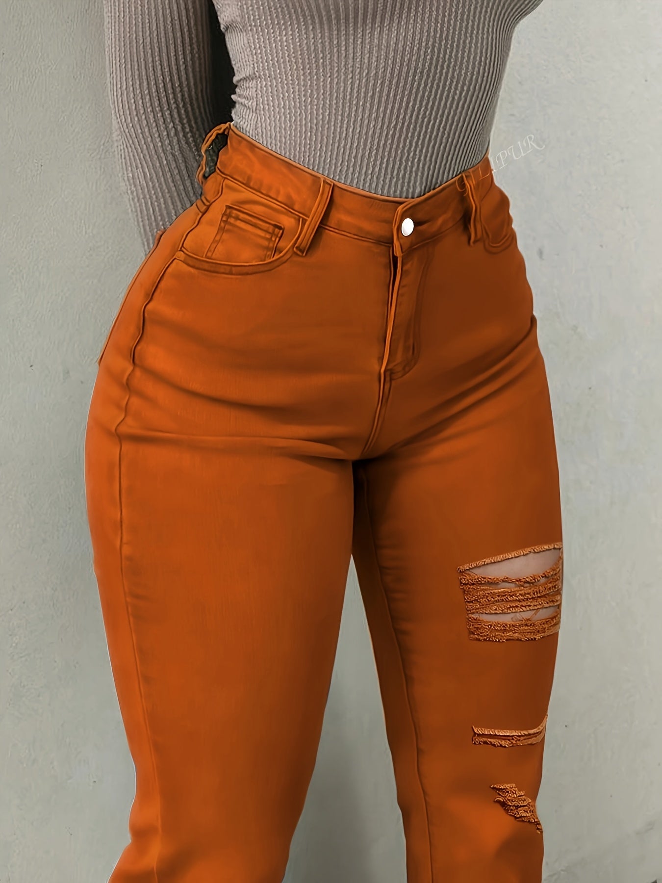 Women's Vibrant Orange Distressed Flare Jeans - Cotton Stretch Denim, Vintage High-Waisted Bootcut Pants with Knee-Hole Design, Comfortable and Stylish Casual Wear