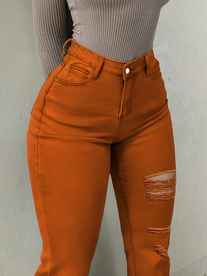 Women's Vibrant Orange Distressed Flare Jeans - Cotton Stretch Denim, Vintage High-Waisted Bootcut Pants with Knee-Hole Design, Comfortable and Stylish Casual Wear