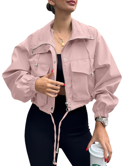 Women'S Cropped Jacket Zip Up Lightweight Oversized Utility Anorak Coat with Pockets