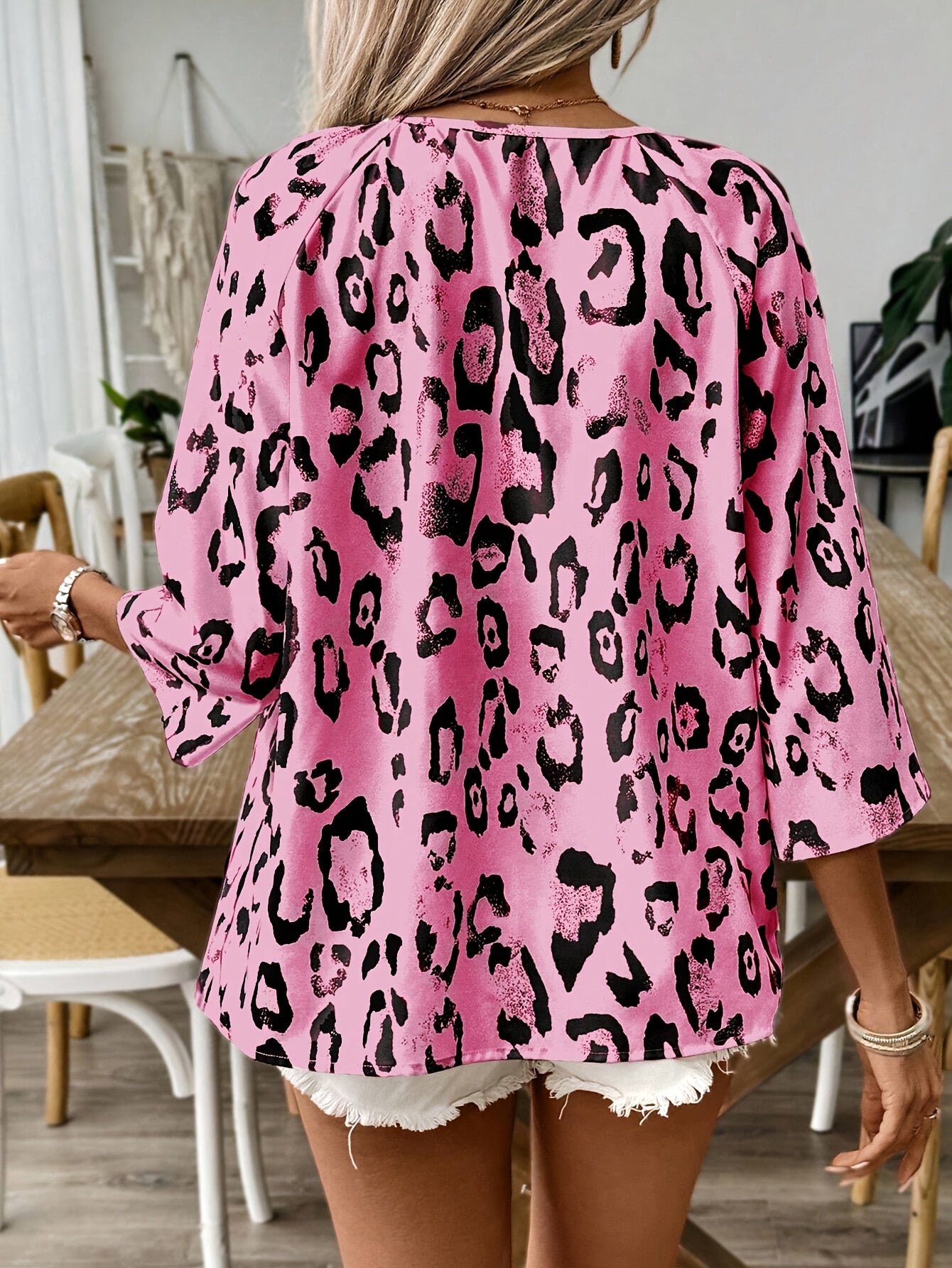 Plus Size - Plus Size - Khaki Leopard Print Shirt Featuring Deep V-Neck And Pleated Sleeves