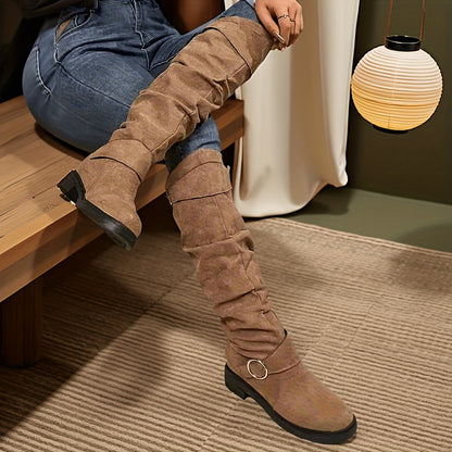 Women'S Ruched Slouchy Boots, Chunky Heel Long Boots, Versatile Over-The-Knee Boots, Women Shoes