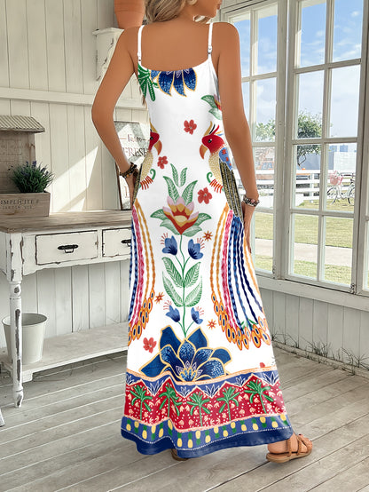 Women'S Fashion Pattern Printed Suspender Long Dress for Spring And Summer