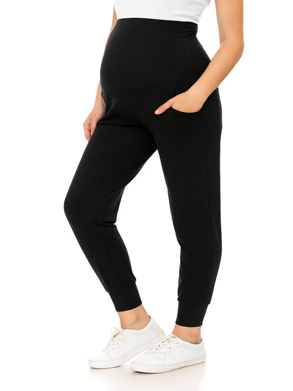 2pcs Women's Maternity High-Waisted Stretchy Pants - 95% Rayon 5% Spandex Tummy Control Elastic Waistband, 7/8 Length with Pockets for Running, Lounge & Postpartum - All-Season Comfort (Black & Grey), Maternity Pants, Pregnancy Clothing, Solid Color Pants