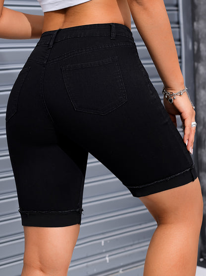 Stretch Denim Riding Pants with Frayed Hem, Solid Color, - Machine Washable