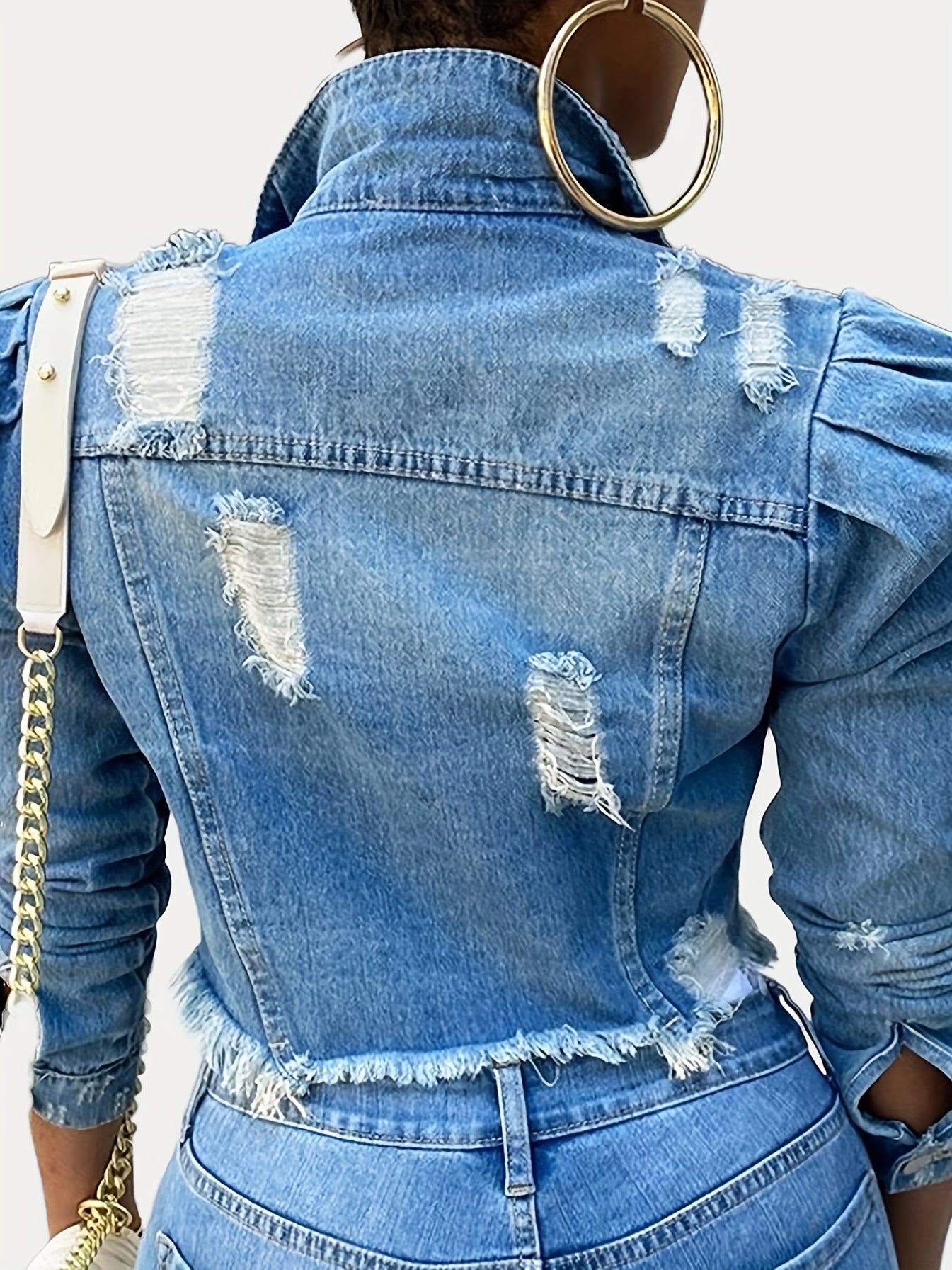 Women's Ripped Denim Jacket Casual Long Puff Sleeve Button Cropped Jean Coats for Women