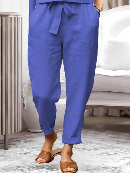 TOOLUCK Casual Solid Two-piece Set, Short Sleeve Simple Top & Tie Waist Pants Outfits, Women's Clothing