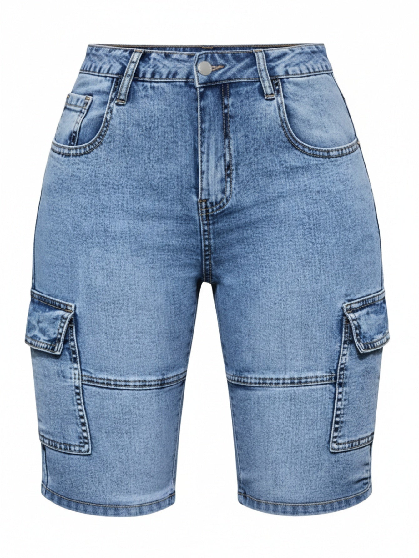Women'S Multi-Pocket Blue Denim Shorts - Slim Fit with Stretch And Side Pockets, Machine-Washable Comfortable Casual Pants, Suitable for Both Everyday And Formal Outfits, Perfect for Summer Outings