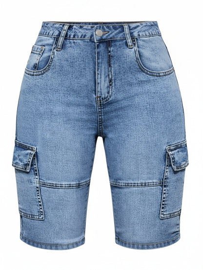 Women'S Multi-Pocket Blue Denim Shorts - Slim Fit with Stretch And Side Pockets, Machine-Washable Comfortable Casual Pants, Suitable for Both Everyday And Formal Outfits, Perfect for Summer Outings