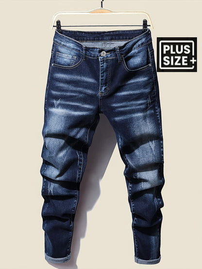 [HME] New Men's Casual Denim Pants for Autumn, Mid-waist Stretch Slim Straight Leg, Retro Washed And Brushed Design, Hand-brushed Cat Beard Pattern, Classic Five-pocket Style, Essential for Daily Casual Wear, Men's Plus-size Jeans, PLUS SIZE