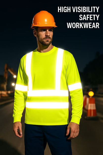 3-Pack Hi-Vis Safety Long Sleeve Shirts with Reflective Stripes, Neon Yellow Workwear