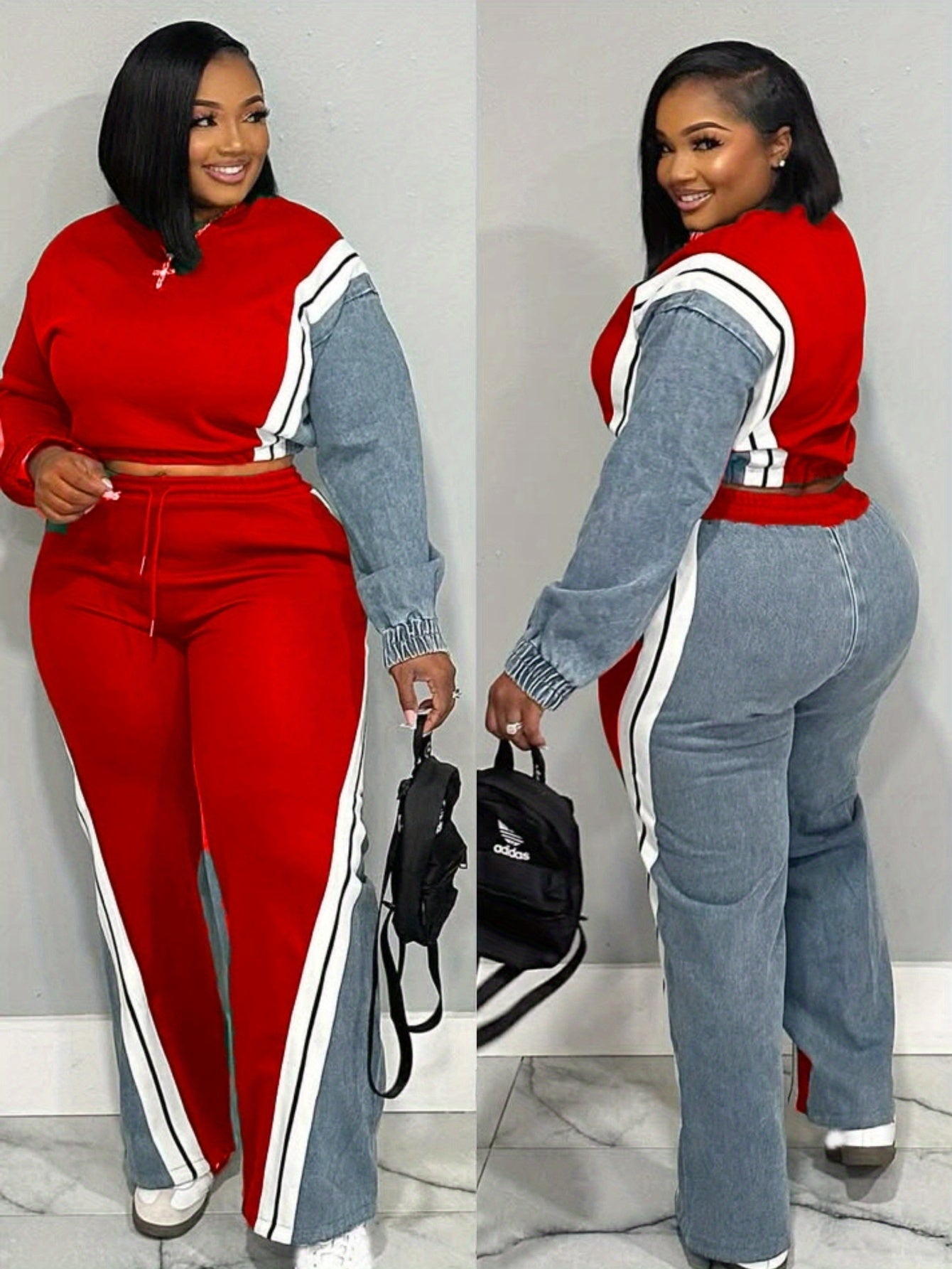 GlOURI Women's 2pcs Tracksuit - Color Block Design & Contrast Side Stripe & Wide-Leg Pants Detail | Casual Trendy Fit for Urban Daily Wear (Slim-Cropped Silhouette & Bold Contrast Stripe Design) for Effortlessly Stylish Looks