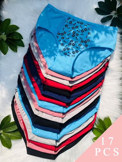 17pcs Women's Comfortable Mid-Waist Printed Bikini Panties, Breathable Butt Lifting Plus Size Panties (Random Delivery)