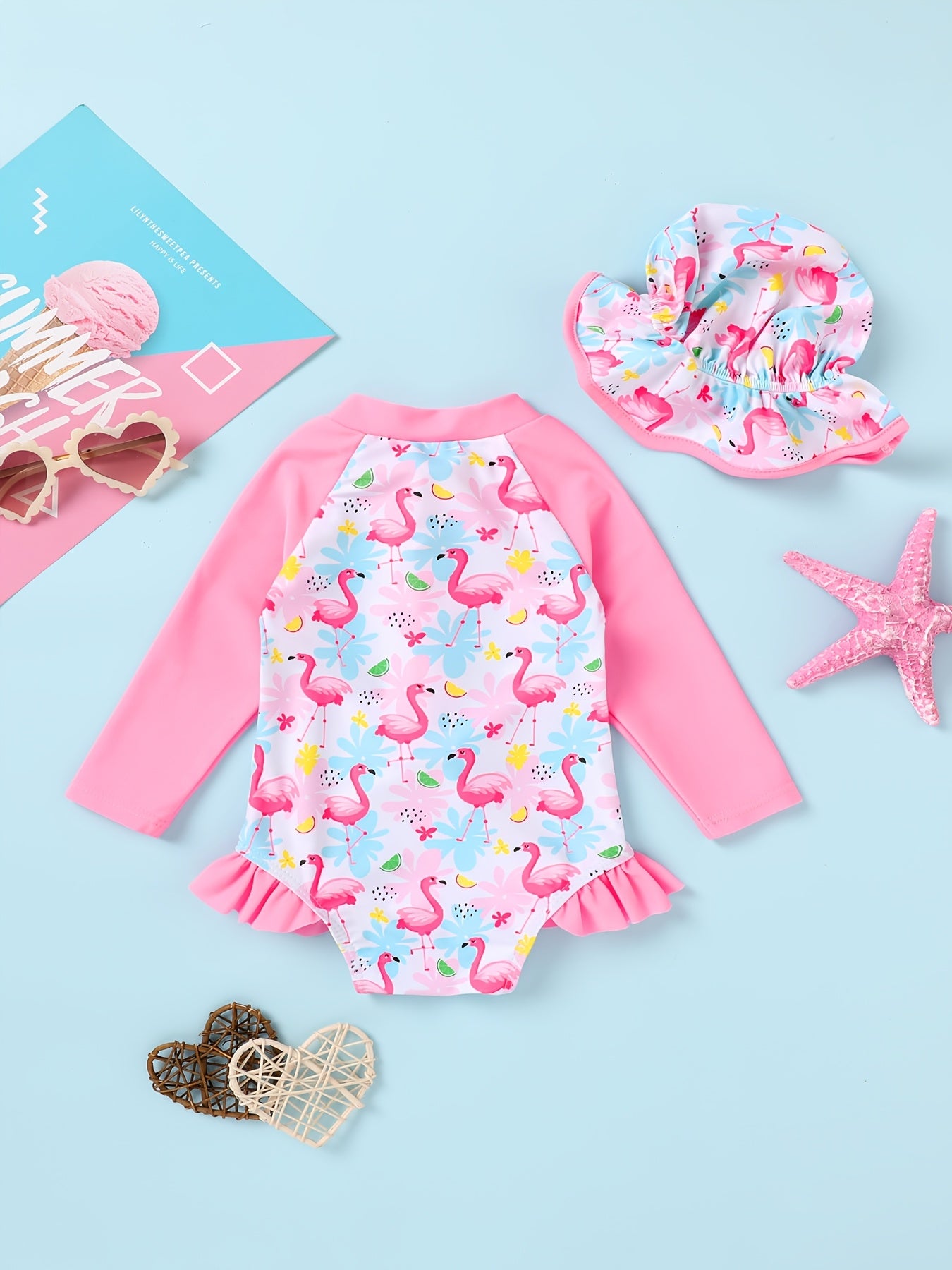 Baby Girl Swimsuit One-Piece Long Sleeved Sunscreen Suit with Hat Set Zipper Swimsuit Cute Strawberry Flower Mermaid Flamingo Beach Outfit