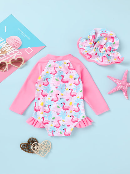Baby Girl Swimsuit One-Piece Long Sleeved Sunscreen Suit with Hat Set Zipper Swimsuit Cute Strawberry Flower Mermaid Flamingo Beach Outfit