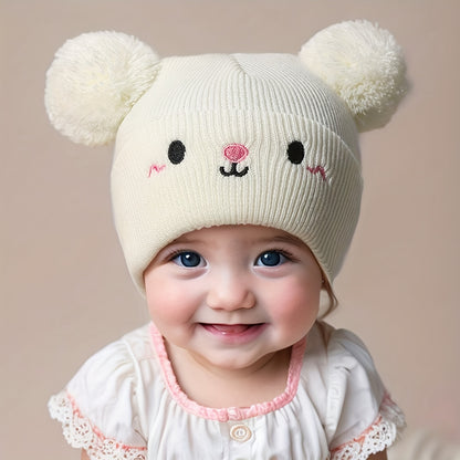 3pcs BBAHHAHAT Baby Knit Hats with Embroidered Faces & Pom-Poms - Stretchable Acrylic Breathable All-Season Infant Hats for Daily Casual Wear & Christmas, Anime-Themed (White), Festive Babywear, Cute Animal Face, Soft Texture, Embroidered Details