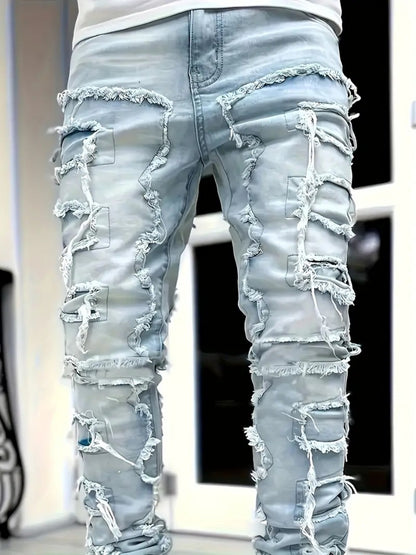 Teen Patchwork Ripped Jeans - Retro Street Slim Fit
