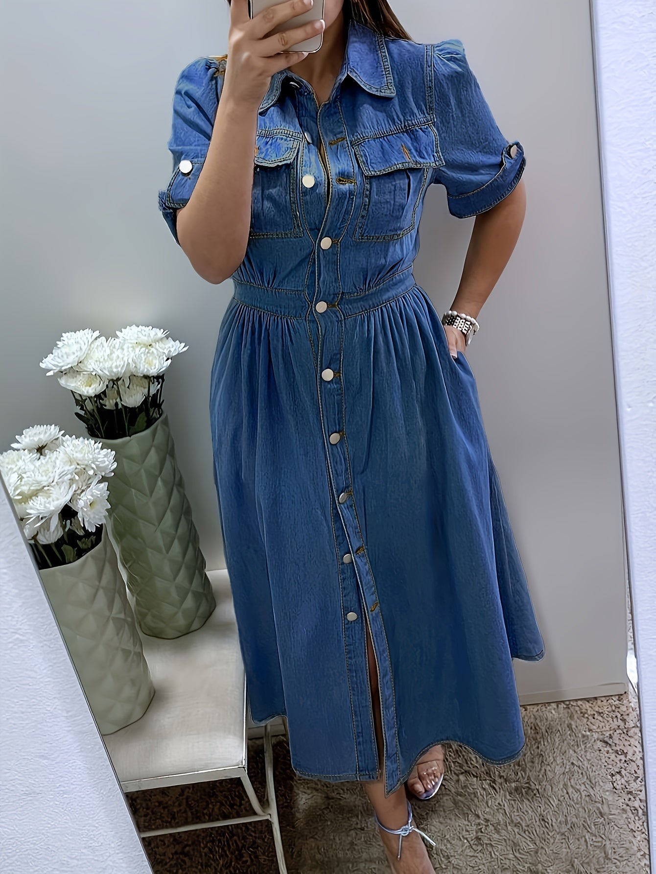 [Denim Shirt Dress] Women's Denim Shirt Dress with Collar, Short Sleeved Waist, A-Line Jeans, And Pocket Dress