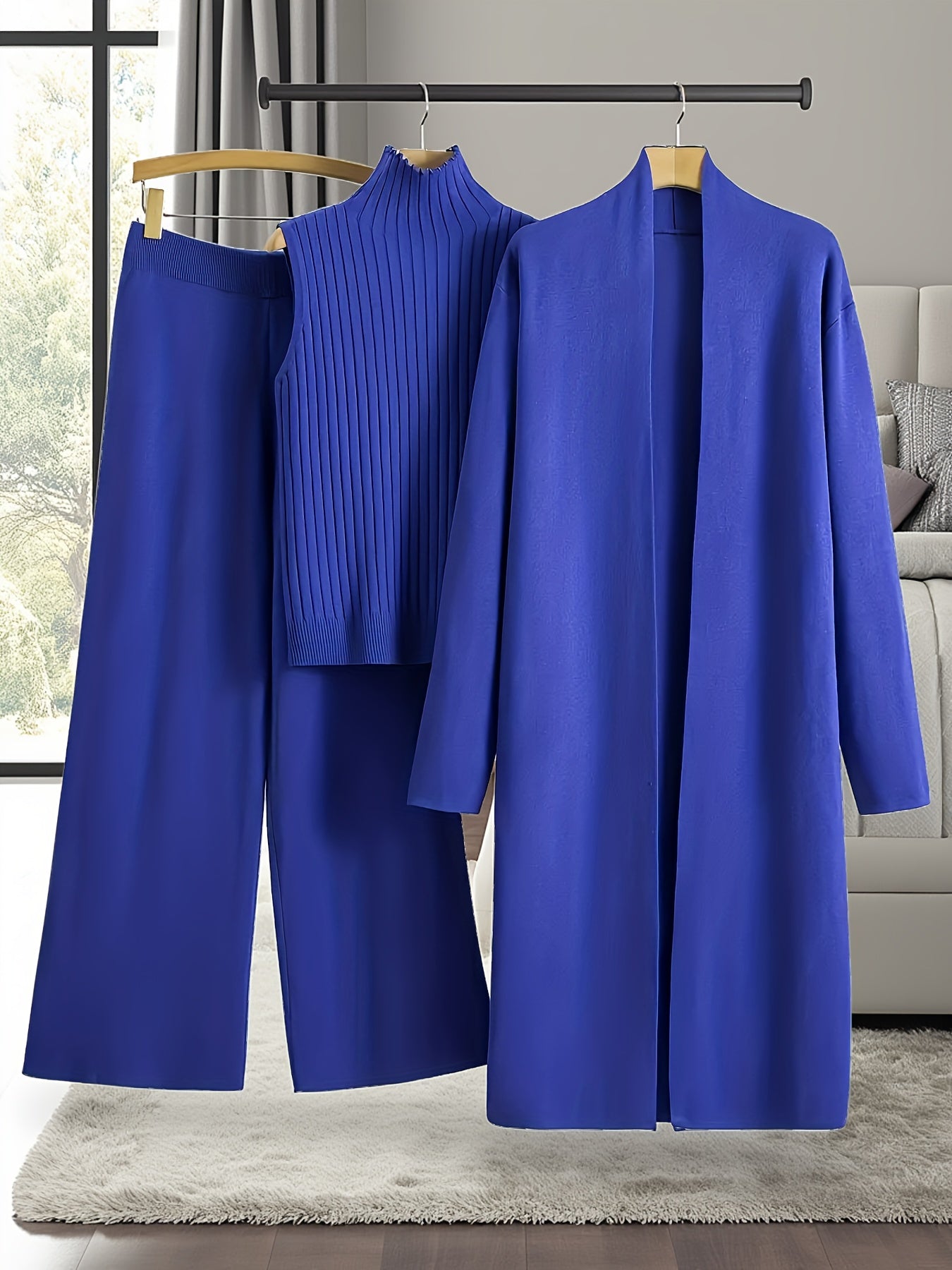 New Autumn And Winter Women'S Loose Set, Including Long Wide-Leg Pants, a Shawl Cardigan, And a High-Neck Vest Sweater, a Fashionable Three-Piece Set