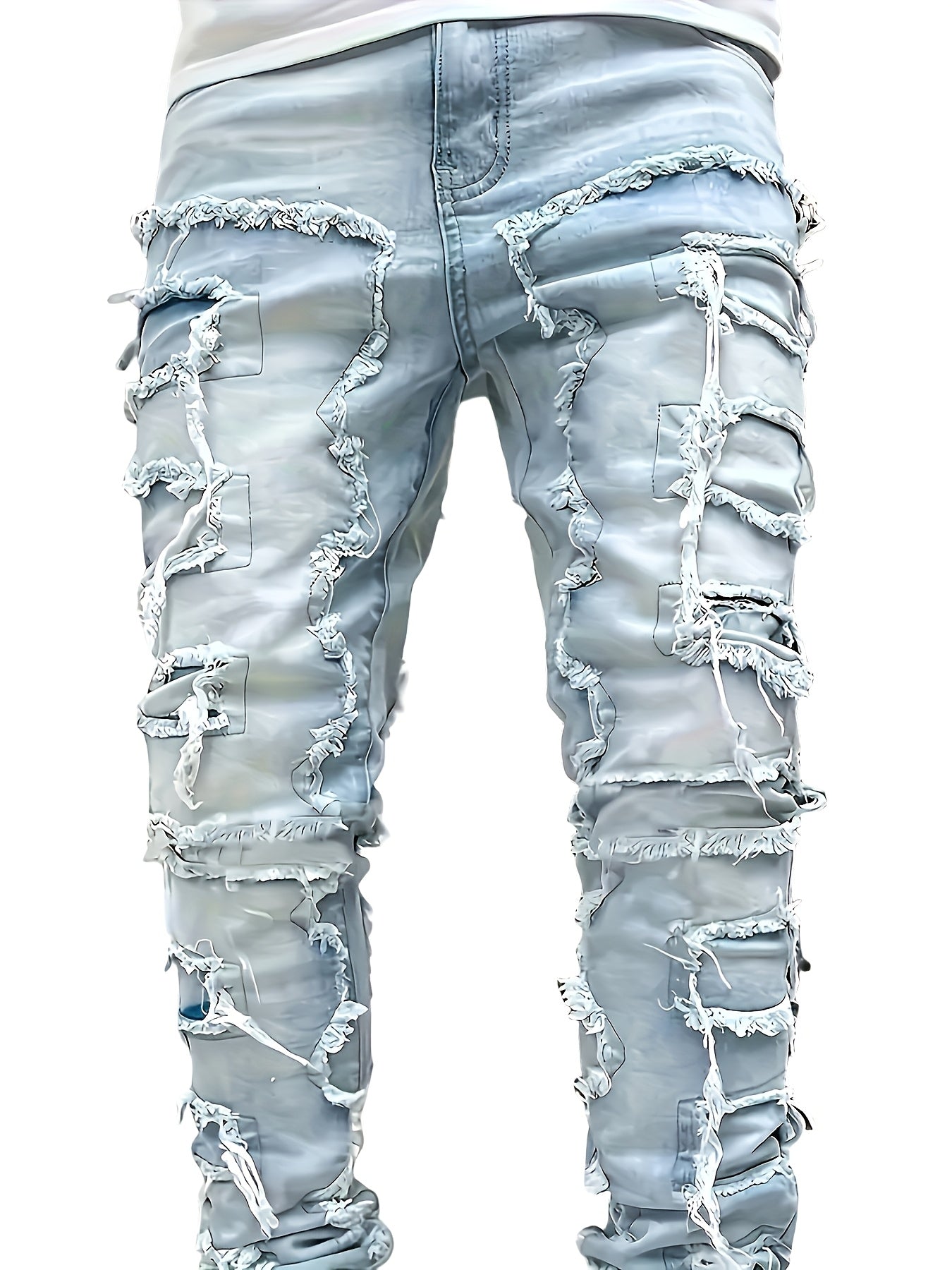 Men's Slim-Fit Stretch Jeans with Fringe Tassel decoration - Hip-Hop Skateboard Style Straight Pants, Washed Denomination for all- Wear (Machine Washable, Urban Streetwear) - Comfortable & Trendy for Skating & Everyday