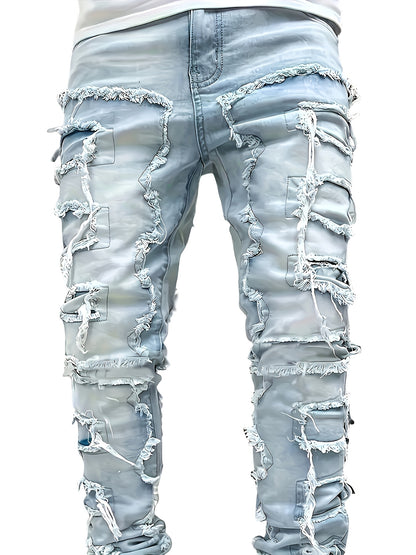 Men's Slim-Fit Stretch Jeans with Fringe Tassel decoration - Hip-Hop Skateboard Style Straight Pants, Washed Denomination for all- Wear (Machine Washable, Urban Streetwear) - Comfortable & Trendy for Skating & Everyday