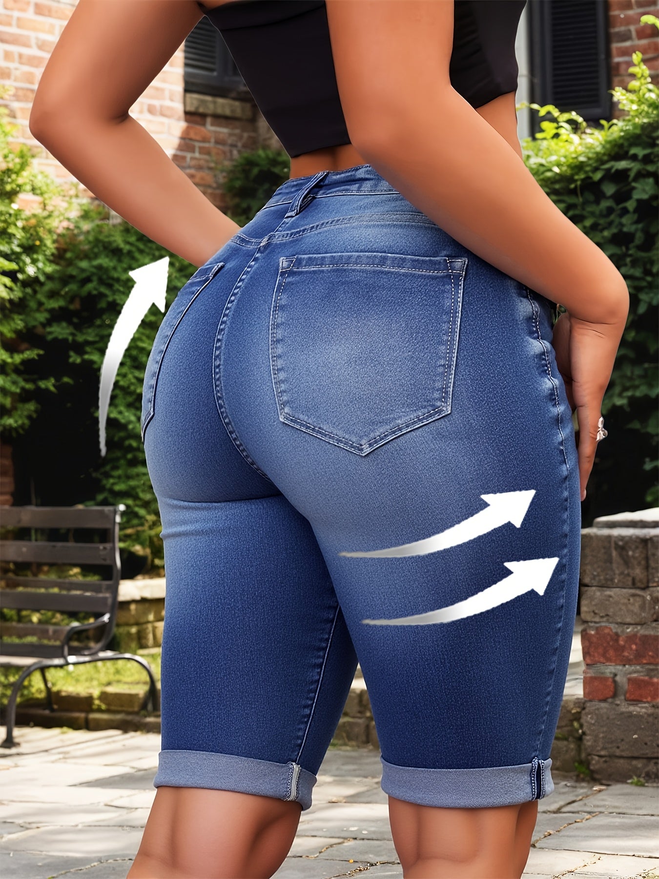 Womens Mid Rise Roll Cuff Bermuda Stretch Denim Jean Shorts