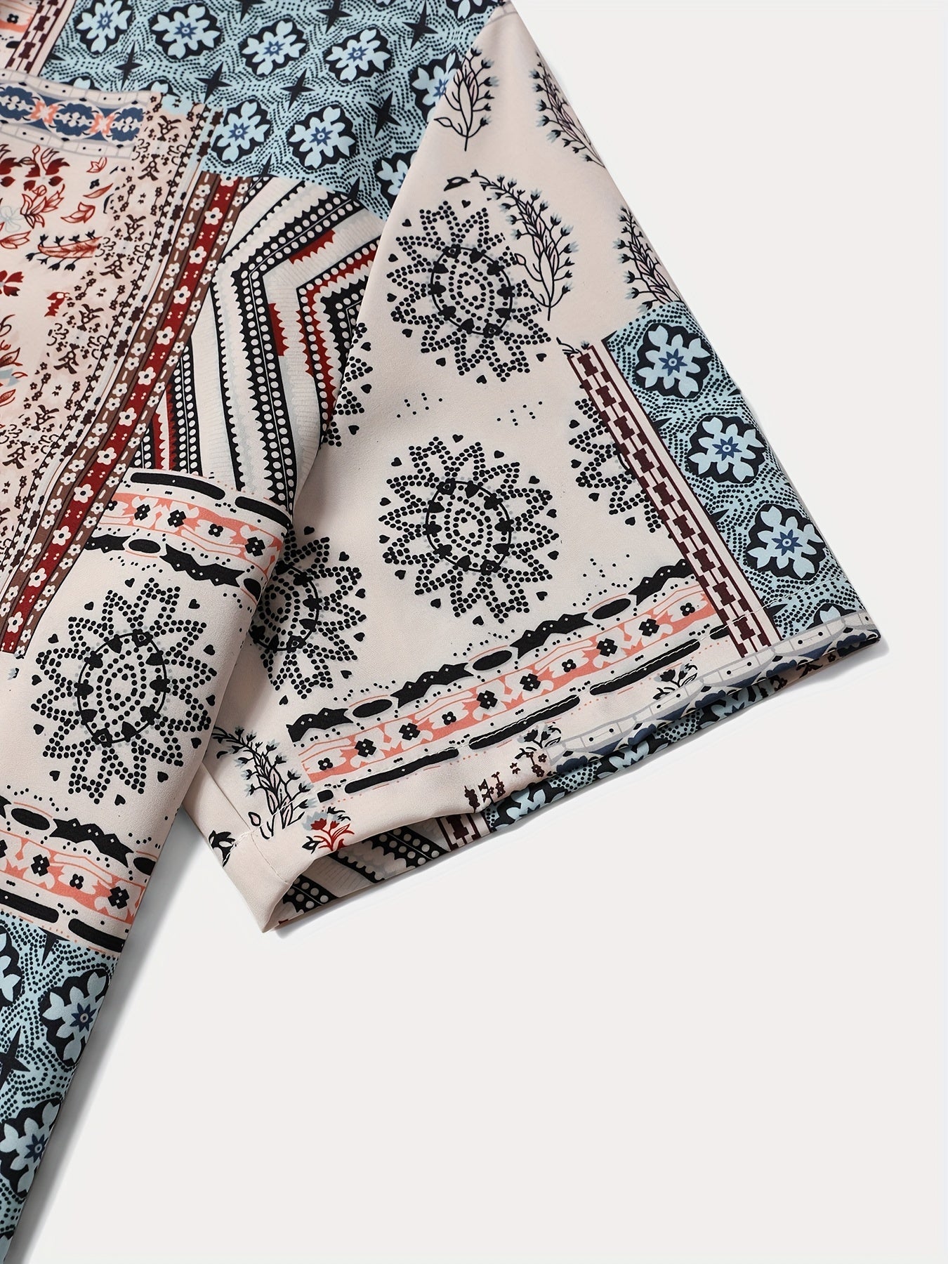 2pcs Men'S Summer Short Sleeve Button-Up Shirt and Pants Set - Light Blue Geometric Print, Casual Regular Fit with Drawstring Waist, Non-Stretch Fabric, Perfect for Casual Attire, Everyday Clothing | Geometric Print Shirt | Woven Fabric Shirt