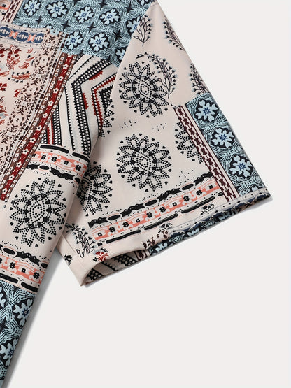 2pcs Men'S Summer Short Sleeve Button-Up Shirt and Pants Set - Light Blue Geometric Print, Casual Regular Fit with Drawstring Waist, Non-Stretch Fabric, Perfect for Casual Attire, Everyday Clothing | Geometric Print Shirt | Woven Fabric Shirt