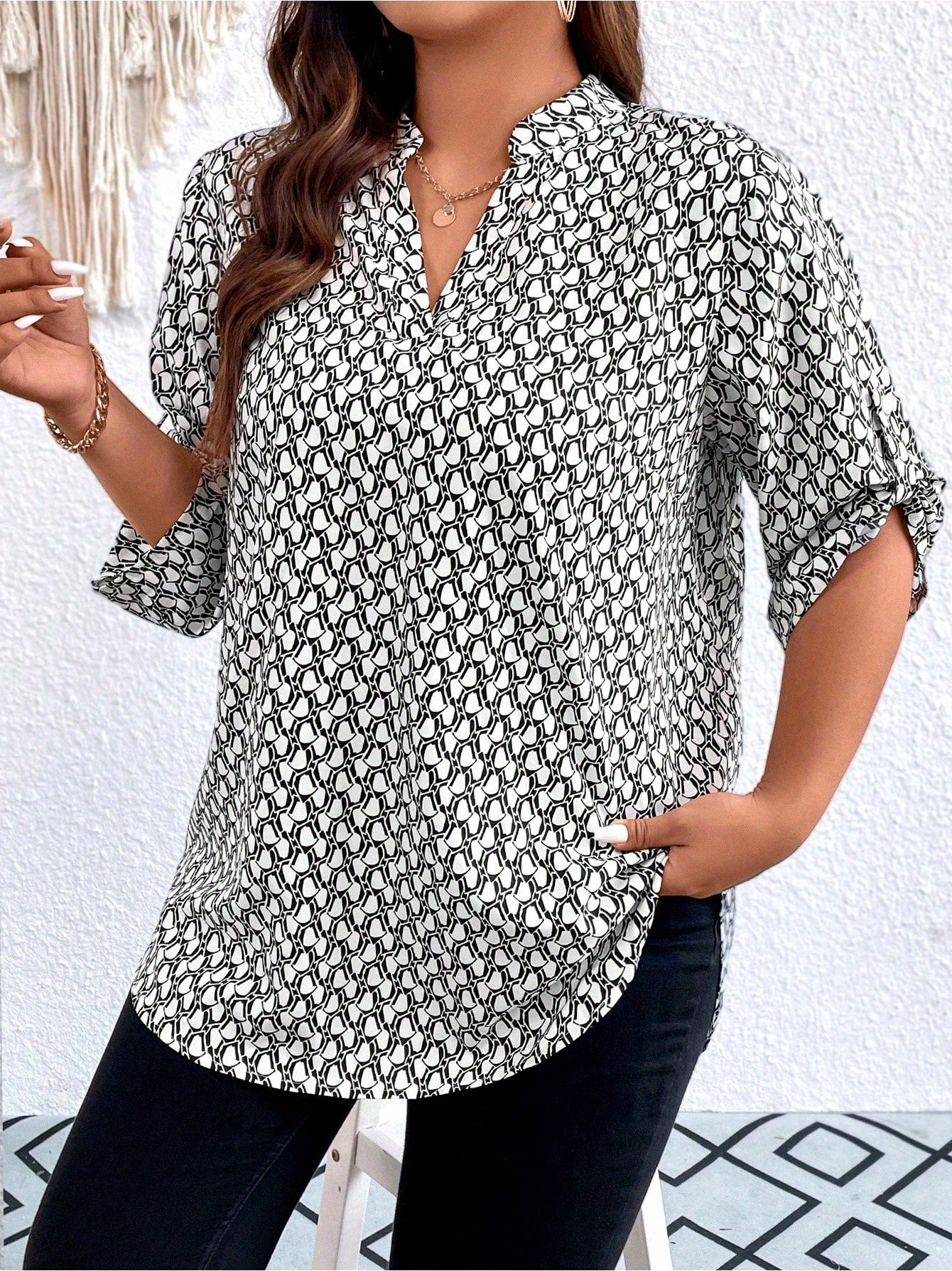 Plus Size, Plus Size Casual Top, Women's Plus Size Allover Print Roll Sleeve Split Neck Tunic Top