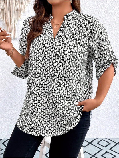 Plus Size, Plus Size Casual Top, Women's Plus Size Allover Print Roll Sleeve Split Neck Tunic Top