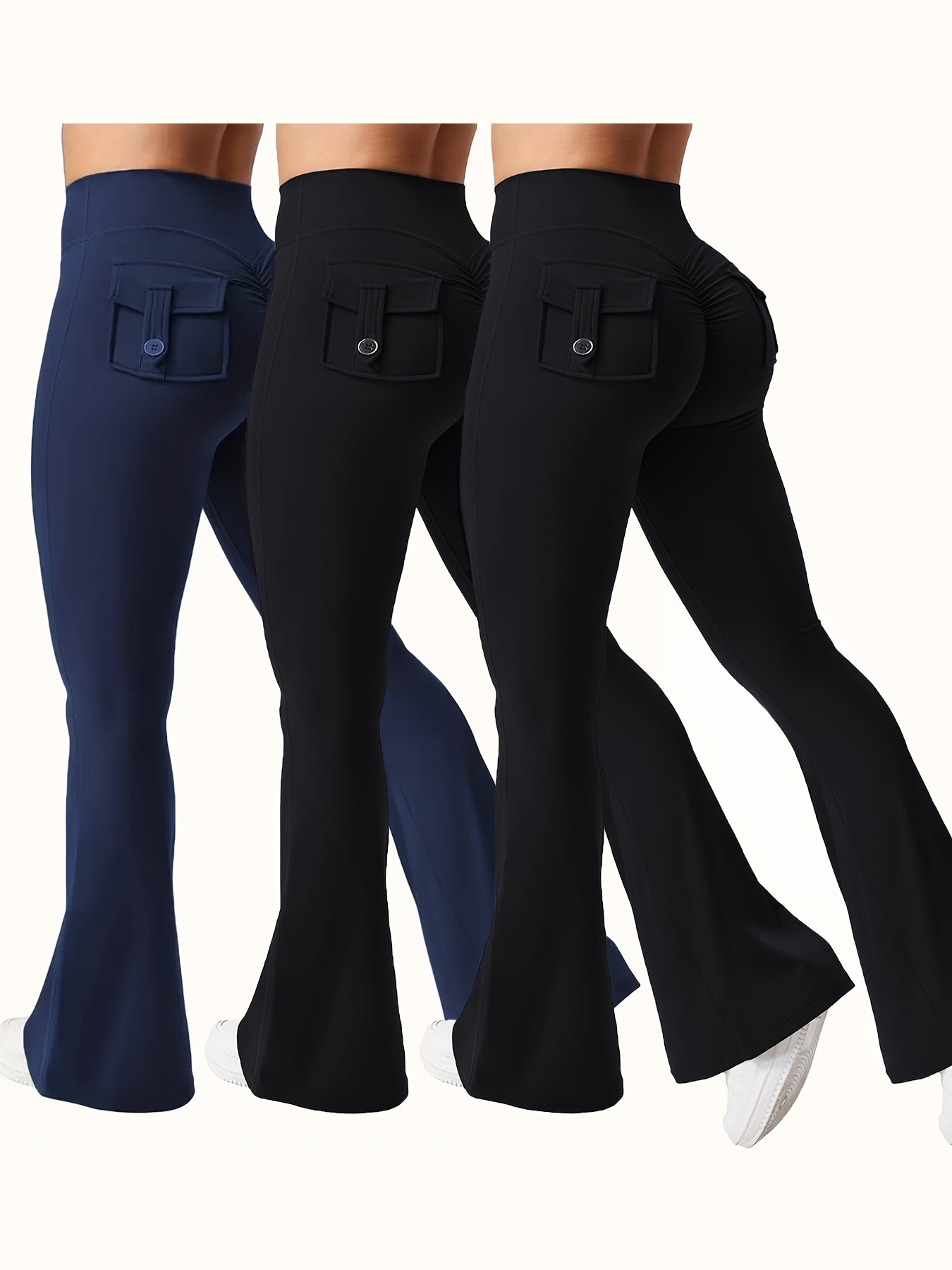Women's Autumn 3pcs Set, New Style Casual Flared Yoga Pants, Training Flared Trousers, High-Waist Workwear with Belt and Pockets, Sportswear, Halloween Costume, Christmas Apparel