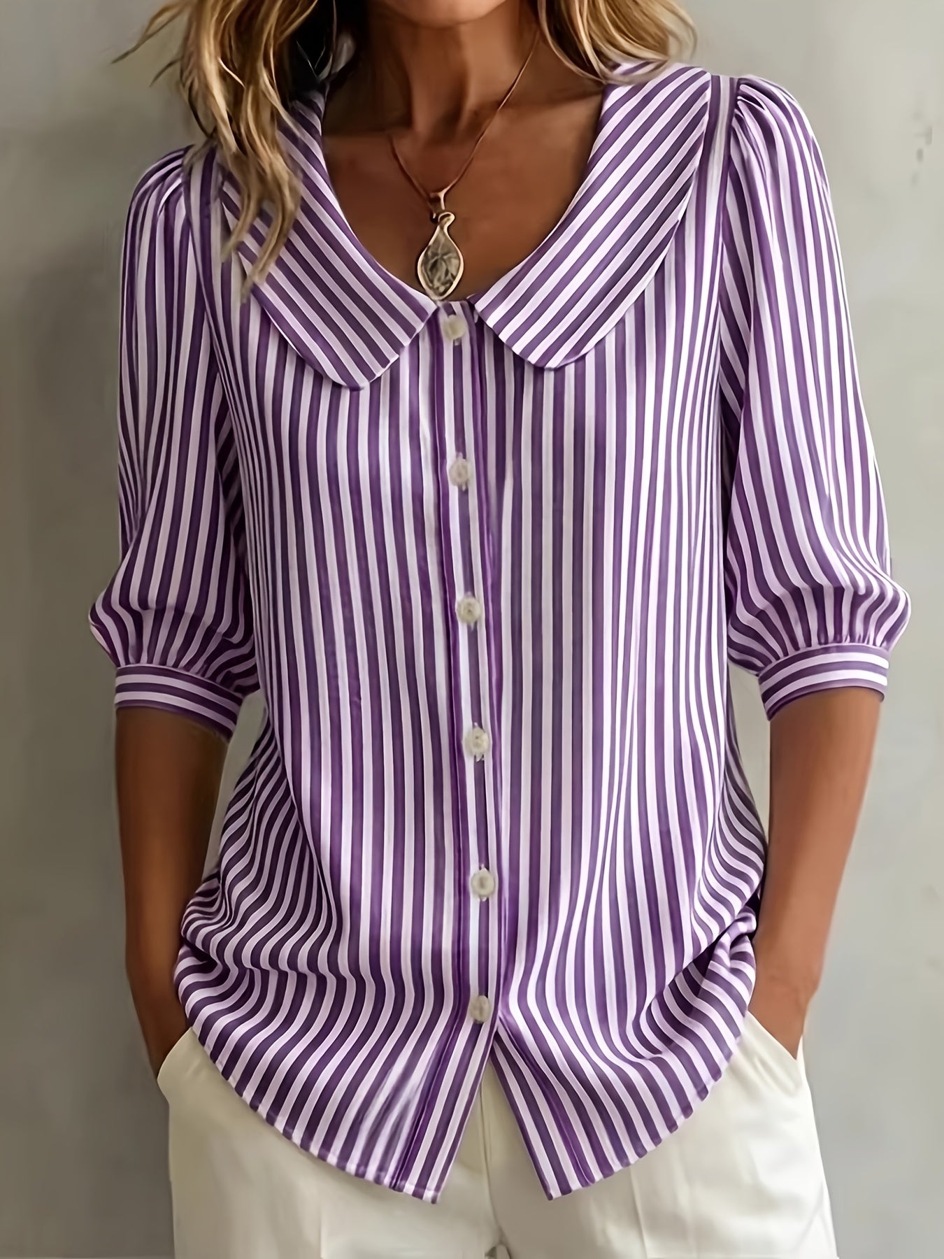 New Mid-Sleeve Striped V-Neck Shirt Top T-Shirt for Women